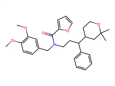 N-[(3,4-dimethoxyphenyl)methyl]-N-[3-(2,2-dimethyloxan-4-yl)-3-phenylpropyl]furan-2-carboxamide structure