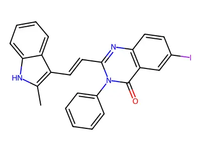 6-iodo-2-[(E)-2-(2-methyl-1H-indol-3-yl)ethenyl]-3-phenylquinazolin-4-one structure