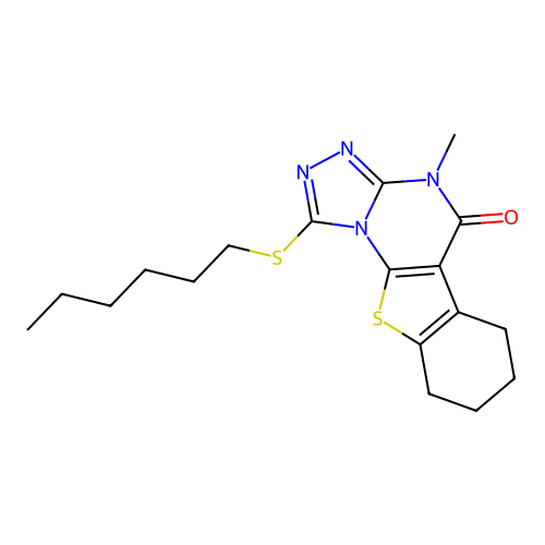 1-(hexylsulfanyl)-4-methyl-6,7,8,9-tetrahydro[1]benzothieno[3,2-e][1,2,4]triazolo[4,3-a]pyrimidin-5(4H)-one structure