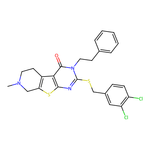 2-((3,4-dichlorobenzyl)thio)-7-methyl-3-phenethyl-5,6,7,8-tetrahydropyrido[4',3':4,5]thieno[2,3-d]pyrimidin-4(3H)-one structure