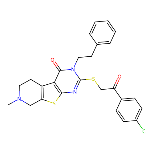 2-((2-(4-chlorophenyl)-2-oxoethyl)thio)-7-methyl-3-phenethyl-5,6,7,8-tetrahydropyrido[4',3':4,5]thieno[2,3-d]pyrimidin-4(3H)-one structure