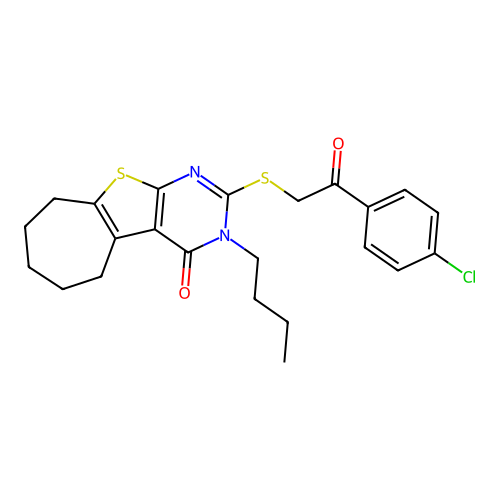 3-butyl-2-((2-(4-chlorophenyl)-2-oxoethyl)thio)-6,7,8,9-tetrahydro-3H-cyclohepta[4,5]thieno[2,3-d]pyrimidin-4(5H)-one structure