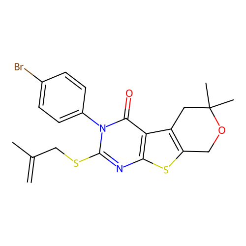 3-(4-bromophenyl)-6,6-dimethyl-2-((2-methylallyl)thio)-5,6-dihydro-3H-pyrano[4',3':4,5]thieno[2,3-d]pyrimidin-4(8H)-one structure