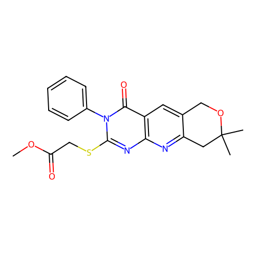 methyl [(8,8-dimethyl-4-oxo-3-phenyl-3,6,8,9-tetrahydro-4H-pyrano[3',4':5,6]pyrido[2,3-d]pyrimidin-2-yl)sulfanyl]acetate structure
