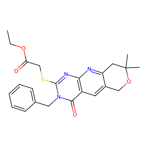 ethyl 2-((3-benzyl-8,8-dimethyl-4-oxo-4,6,8,9-tetrahydro-3H-pyrano[3',4':5,6]pyrido[2,3-d]pyrimidin-2-yl)thio)acetate structure