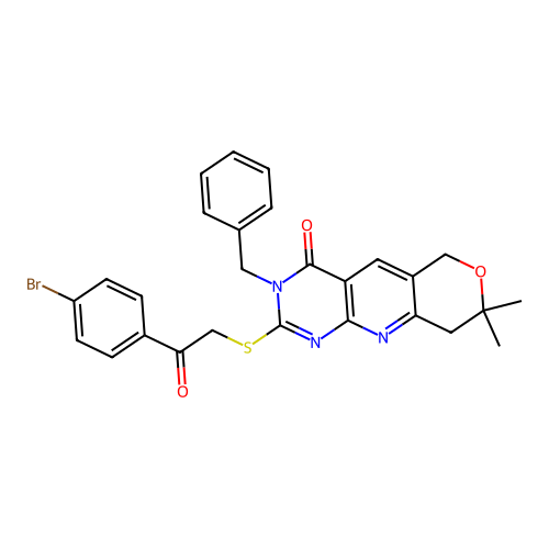 3-benzyl-2-((2-(4-bromophenyl)-2-oxoethyl)thio)-8,8-dimethyl-8,9-dihydro-3H-pyrano[3',4':5,6]pyrido[2,3-d]pyrimidin-4(6H)-one structure