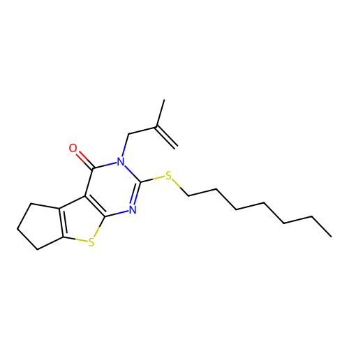 2-(heptylsulfanyl)-3-(2-methylprop-2-en-1-yl)-3,5,6,7-tetrahydro-4H-cyclopenta[4,5]thieno[2,3-d]pyrimidin-4-one structure