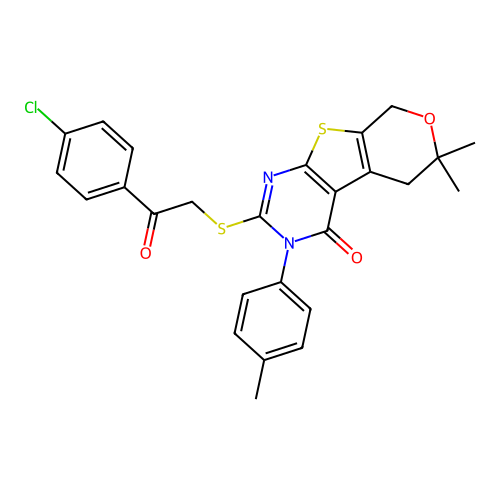 2-{[2-(4-chlorophenyl)-2-oxoethyl]sulfanyl}-6,6-dimethyl-3-(4-methylphenyl)-3,5,6,8-tetrahydro-4H-pyrano[4',3':4,5]thieno[2,3-d]pyrimidin-4-one structure
