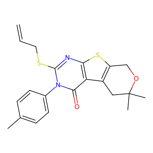6,6-dimethyl-3-(4-methylphenyl)-2-(prop-2-en-1-ylsulfanyl)-3,5,6,8-tetrahydro-4H-pyrano[4',3':4,5]thieno[2,3-d]pyrimidin-4-one structure