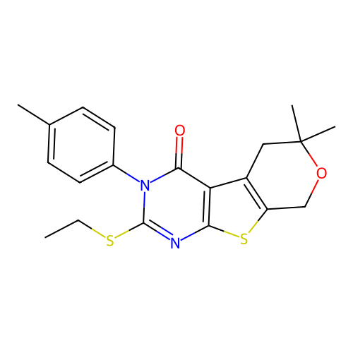 2-(ethylsulfanyl)-6,6-dimethyl-3-(4-methylphenyl)-3,5,6,8-tetrahydro-4H-pyrano[4',3':4,5]thieno[2,3-d]pyrimidin-4-one structure