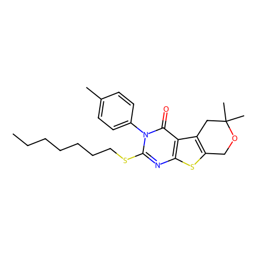 2-(heptylsulfanyl)-6,6-dimethyl-3-(4-methylphenyl)-3,5,6,8-tetrahydro-4H-pyrano[4',3':4,5]thieno[2,3-d]pyrimidin-4-one structure