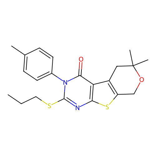 6,6-dimethyl-3-(4-methylphenyl)-2-(propylsulfanyl)-3,5,6,8-tetrahydro-4H-pyrano[4',3':4,5]thieno[2,3-d]pyrimidin-4-one structure