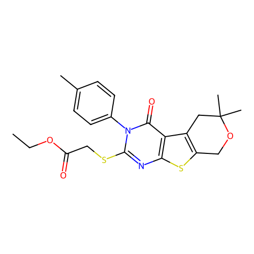 ethyl {[6,6-dimethyl-3-(4-methylphenyl)-4-oxo-3,5,6,8-tetrahydro-4H-pyrano[4',3':4,5]thieno[2,3-d]pyrimidin-2-yl]sulfanyl}acetate structure