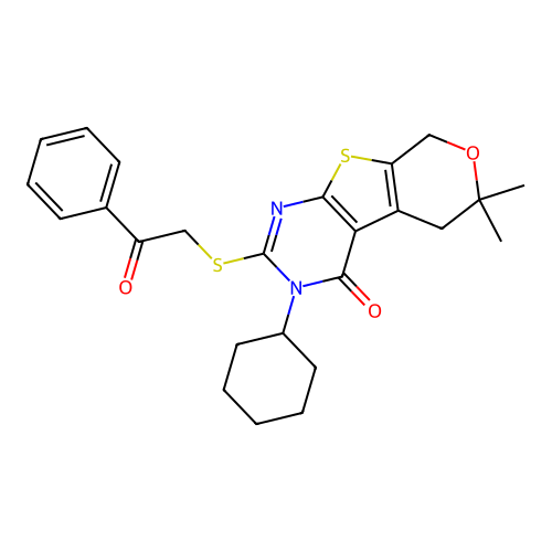 3-cyclohexyl-6,6-dimethyl-2-((2-oxo-2-phenylethyl)thio)-5,6-dihydro-3H-pyrano[4',3':4,5]thieno[2,3-d]pyrimidin-4(8H)-one structure