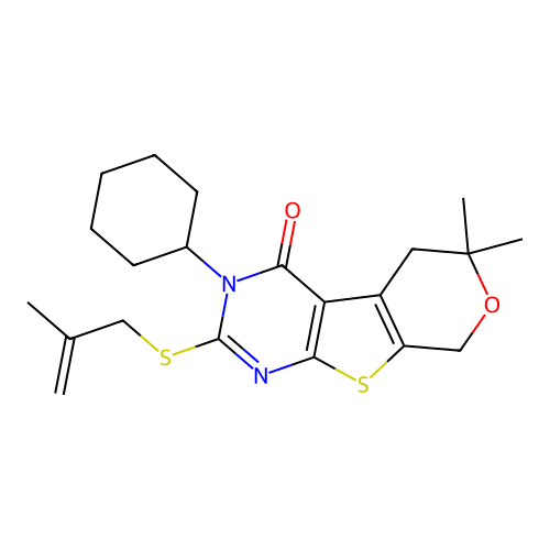 3-cyclohexyl-6,6-dimethyl-2-[(2-methylprop-2-en-1-yl)sulfanyl]-3,5,6,8-tetrahydro-4H-pyrano[4',3':4,5]thieno[2,3-d]pyrimidin-4-one structure