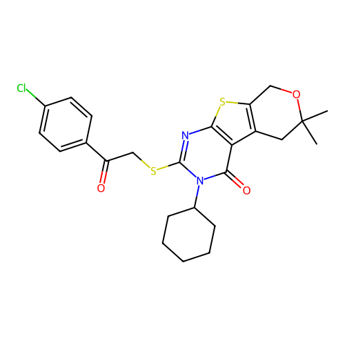 2-((2-(4-chlorophenyl)-2-oxoethyl)thio)-3-cyclohexyl-6,6-dimethyl-5,6-dihydro-3H-pyrano[4',3':4,5]thieno[2,3-d]pyrimidin-4(8H)-one structure
