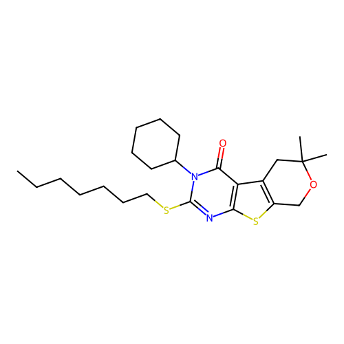 3-cyclohexyl-2-(heptylsulfanyl)-6,6-dimethyl-3,5,6,8-tetrahydro-4H-pyrano[4',3':4,5]thieno[2,3-d]pyrimidin-4-one structure