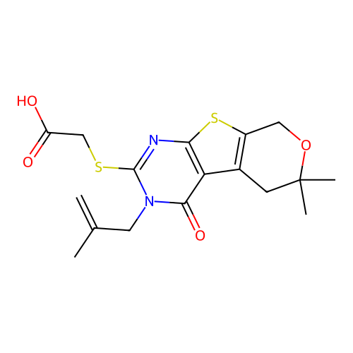 {[6,6-dimethyl-3-(2-methylprop-2-en-1-yl)-4-oxo-3,5,6,8-tetrahydro-4H-pyrano[4',3':4,5]thieno[2,3-d]pyrimidin-2-yl]sulfanyl}acetic acid structure