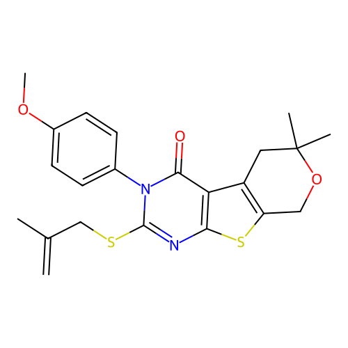 3-(4-methoxyphenyl)-6,6-dimethyl-2-[(2-methylprop-2-en-1-yl)sulfanyl]-3,5,6,8-tetrahydro-4H-pyrano[4',3':4,5]thieno[2,3-d]pyrimidin-4-one structure