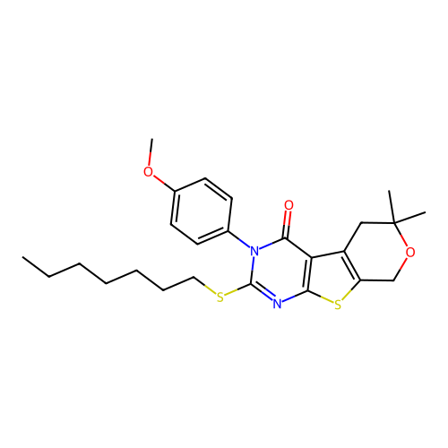 2-(heptylsulfanyl)-3-(4-methoxyphenyl)-6,6-dimethyl-3,5,6,8-tetrahydro-4H-pyrano[4',3':4,5]thieno[2,3-d]pyrimidin-4-one structure