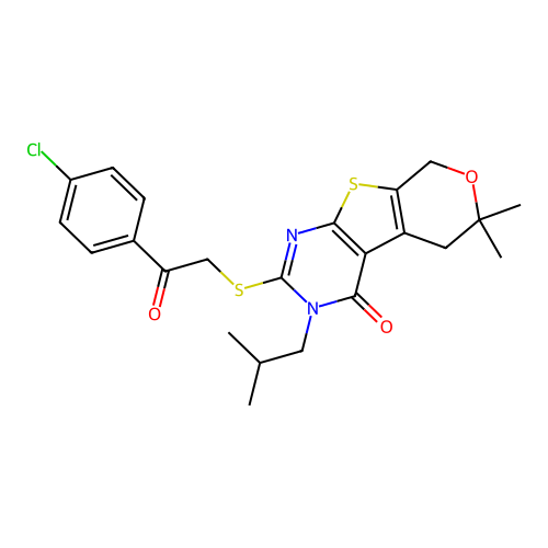 2-((2-(4-chlorophenyl)-2-oxoethyl)thio)-3-isobutyl-6,6-dimethyl-5,6-dihydro-3H-pyrano[4',3':4,5]thieno[2,3-d]pyrimidin-4(8H)-one structure