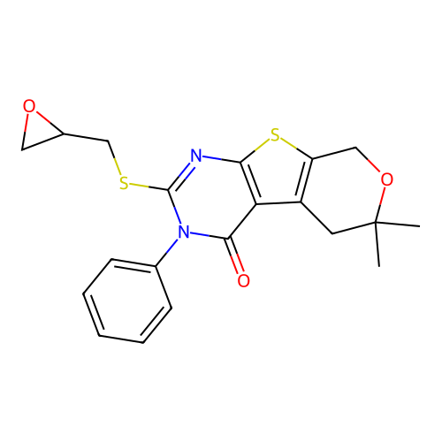 6,6-dimethyl-2-((oxiran-2-ylmethyl)thio)-3-phenyl-5,6-dihydro-3H-pyrano[4',3':4,5]thieno[2,3-d]pyrimidin-4(8H)-one structure