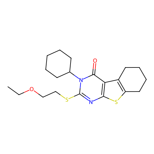 3-cyclohexyl-2-((2-ethoxyethyl)thio)-5,6,7,8-tetrahydrobenzo[4,5]thieno[2,3-d]pyrimidin-4(3H)-one structure