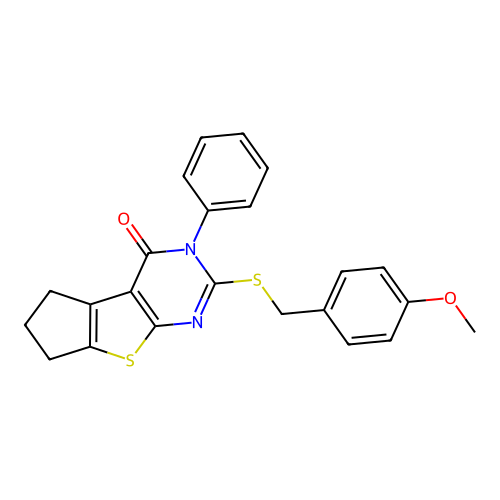 2-((4-methoxybenzyl)thio)-3-phenyl-6,7-dihydro-3H-cyclopenta[4,5]thieno[2,3-d]pyrimidin-4(5H)-one structure