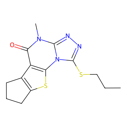 4-methyl-1-(propylsulfanyl)-7,8-dihydro-6H-cyclopenta[4,5]thieno[3,2-e][1,2,4]triazolo[4,3-a]pyrimidin-5(4H)-one structure