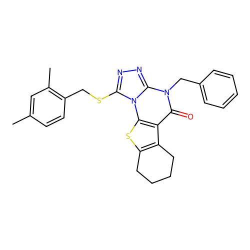 4-benzyl-1-[(2,4-dimethylbenzyl)sulfanyl]-6,7,8,9-tetrahydro[1]benzothieno[3,2-e][1,2,4]triazolo[4,3-a]pyrimidin-5(4H)-one structure