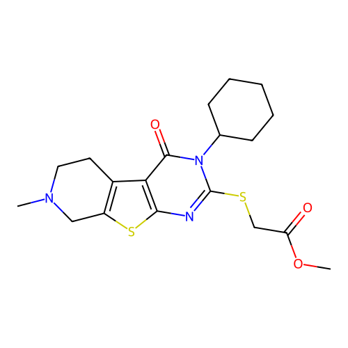 methyl 2-((3-cyclohexyl-7-methyl-4-oxo-3,4,5,6,7,8-hexahydropyrido[4',3':4,5]thieno[2,3-d]pyrimidin-2-yl)thio)acetate structure