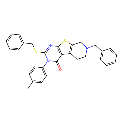 7-benzyl-2-(benzylsulfanyl)-3-(4-methylphenyl)-5,6,7,8-tetrahydropyrido[4',3':4,5]thieno[2,3-d]pyrimidin-4(3H)-one structure