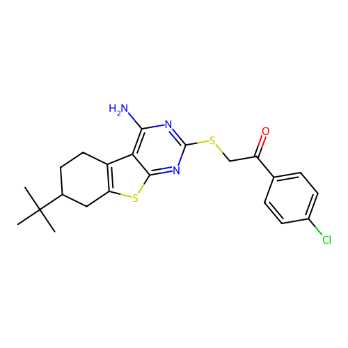 2-((4-amino-7-(tert-butyl)-5,6,7,8-tetrahydrobenzo[4,5]thieno[2,3-d]pyrimidin-2-yl)thio)-1-(4-chlorophenyl)ethanone structure