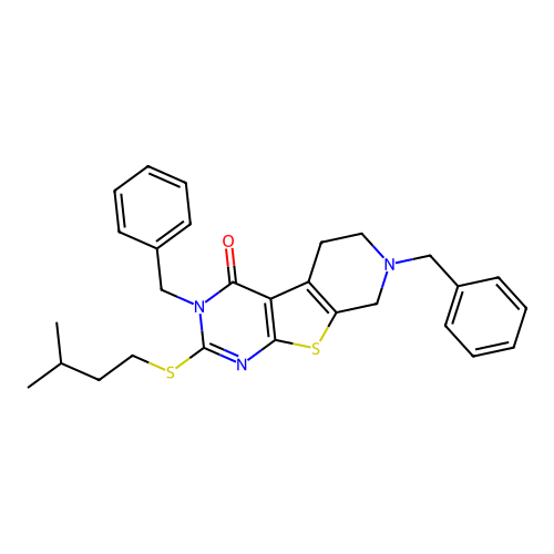 3,7-dibenzyl-2-[(3-methylbutyl)sulfanyl]-5,6,7,8-tetrahydropyrido[4',3':4,5]thieno[2,3-d]pyrimidin-4(3H)-one structure