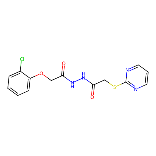 2-(2-chlorophenoxy)-N'-(2-(pyrimidin-2-ylthio)acetyl)acetohydrazide structure