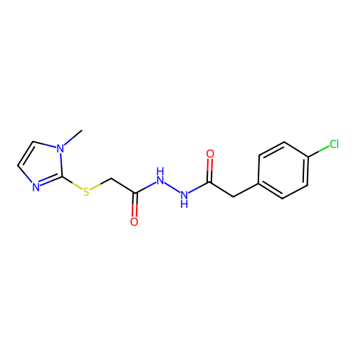2-(4-chlorophenyl)-N'-(2-((1-methyl-1H-imidazol-2-yl)thio)acetyl)acetohydrazide structure