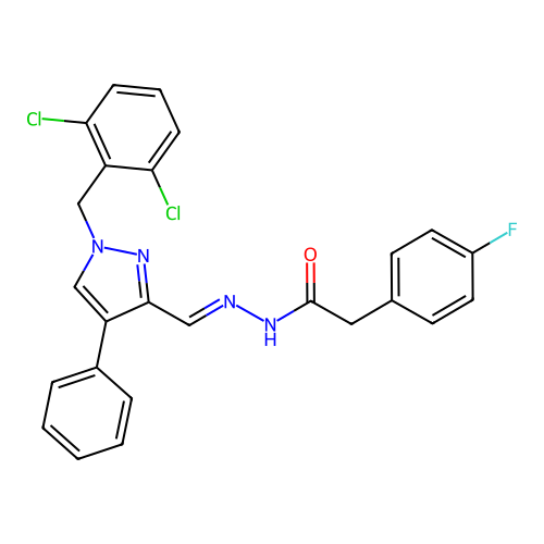 (E)-N'-((1-(2,6-dichlorobenzyl)-4-phenyl-1H-pyrazol-3-yl)methylene)-2-(4-fluorophenyl)acetohydrazide structure