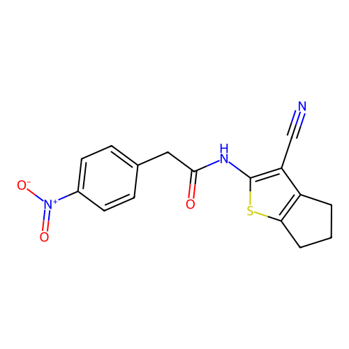 N-(3-cyano-5,6-dihydro-4H-cyclopenta[b]thiophen-2-yl)-2-(4-nitrophenyl)acetamide structure