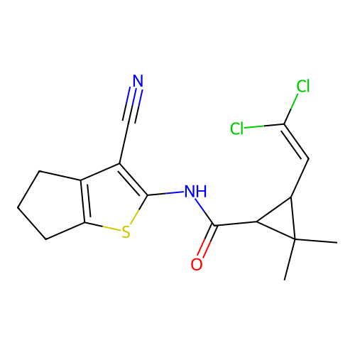 [3-(2,2-dichlorovinyl)-2,2-dimethylcyclopropyl]-N-(3-cyano(4,5,6-trihydrocyclo penta[1,2-d]thiophen-2-yl))carboxamide structure