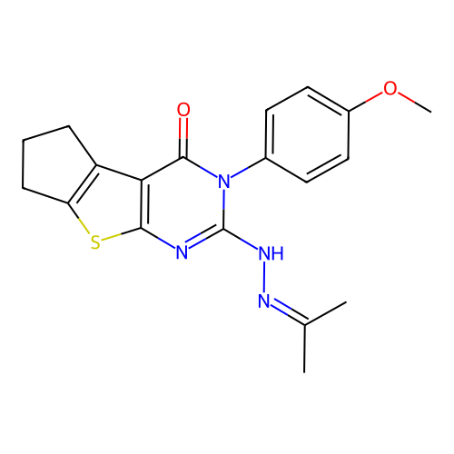 3-(4-methoxyphenyl)-2-[2-(propan-2-ylidene)hydrazinyl]-3,5,6,7-tetrahydro-4H-cyclopenta[4,5]thieno[2,3-d]pyrimidin-4-one structure