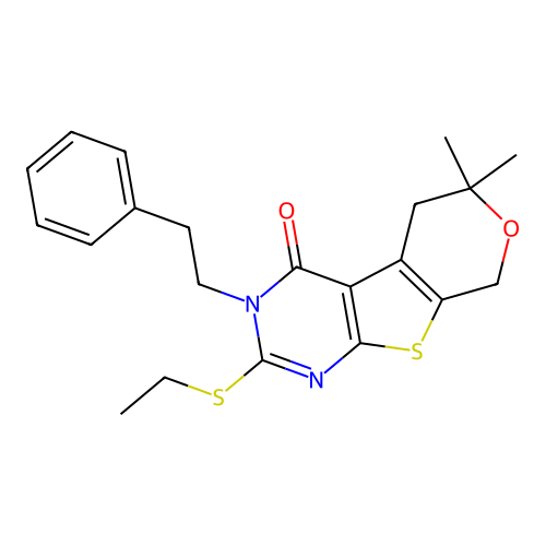 2-(ethylsulfanyl)-6,6-dimethyl-3-(2-phenylethyl)-3,5,6,8-tetrahydro-4H-pyrano[4',3':4,5]thieno[2,3-d]pyrimidin-4-one structure