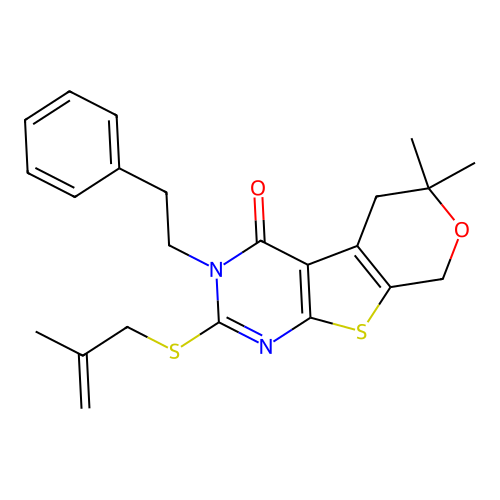 6,6-dimethyl-2-((2-methylallyl)thio)-3-phenethyl-5,6-dihydro-3H-pyrano[4',3':4,5]thieno[2,3-d]pyrimidin-4(8H)-one structure