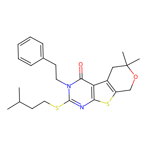 2-(isopentylthio)-6,6-dimethyl-3-phenethyl-5,6-dihydro-3H-pyrano[4',3':4,5]thieno[2,3-d]pyrimidin-4(8H)-one structure