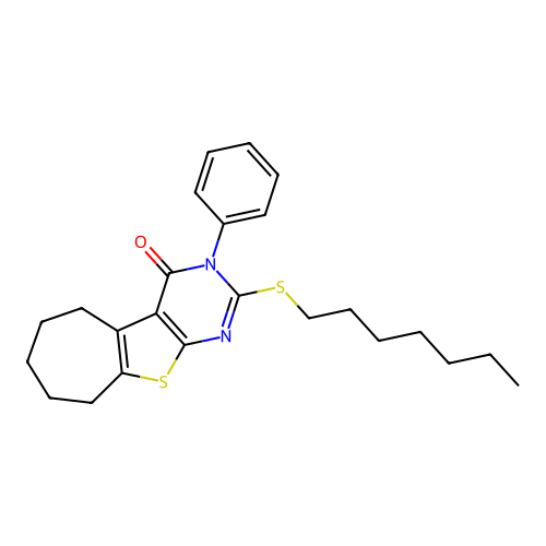 2-(heptylsulfanyl)-3-phenyl-3,5,6,7,8,9-hexahydro-4H-cyclohepta[4,5]thieno[2,3-d]pyrimidin-4-one structure