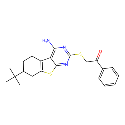 2-((4-amino-7-(tert-butyl)-5,6,7,8-tetrahydrobenzo[4,5]thieno[2,3-d]pyrimidin-2-yl)thio)-1-phenylethanone structure