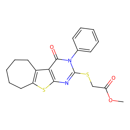 methyl [(4-oxo-3-phenyl-3,5,6,7,8,9-hexahydro-4H-cyclohepta[4,5]thieno[2,3-d]pyrimidin-2-yl)sulfanyl]acetate structure