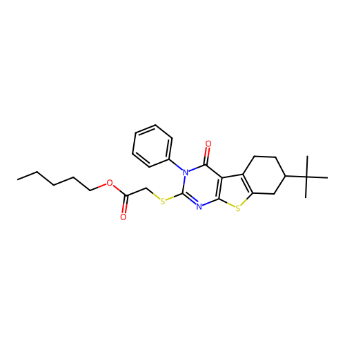 pentyl [(7-tert-butyl-4-oxo-3-phenyl-3,4,5,6,7,8-hexahydro[1]benzothieno[2,3-d]pyrimidin-2-yl)sulfanyl]acetate structure