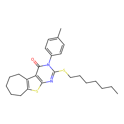2-(heptylsulfanyl)-3-(4-methylphenyl)-3,5,6,7,8,9-hexahydro-4H-cyclohepta[4,5]thieno[2,3-d]pyrimidin-4-one structure