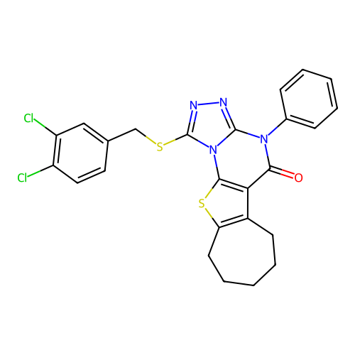 1-((3,4-dichlorobenzyl)thio)-4-phenyl-7,8,9,10-tetrahydro-4H-cyclohepta[4,5]thieno[3,2-e][1,2,4]triazolo[4,3-a]pyrimidin-5(6H)-one structure