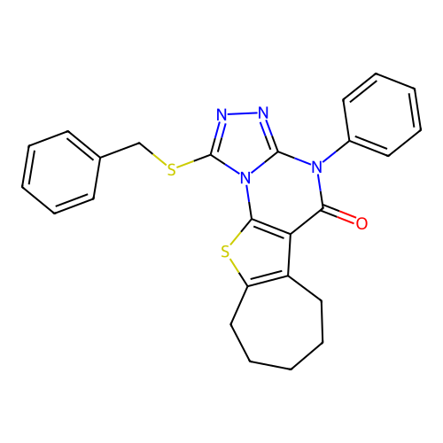 1-(benzylsulfanyl)-4-phenyl-7,8,9,10-tetrahydro-6H-cyclohepta[4,5]thieno[3,2-e][1,2,4]triazolo[4,3-a]pyrimidin-5(4H)-one structure